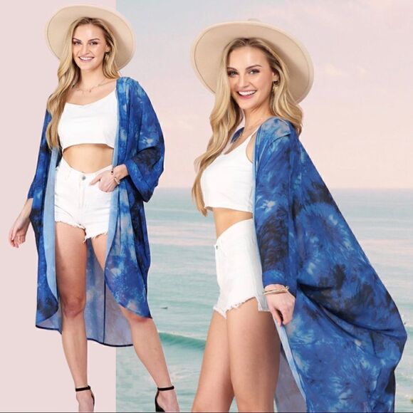 New! Multi-Blue Tie Dye Long Chiffon Kimono Beach Cover - Picture 3 of 8